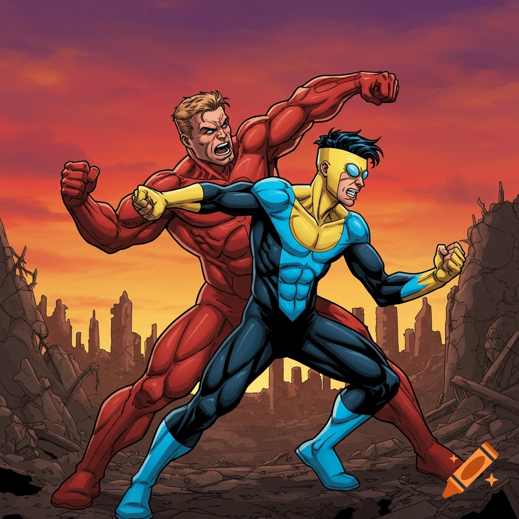 Comic art of Omni-Man attacking Invincible in a ruined city at sunset.