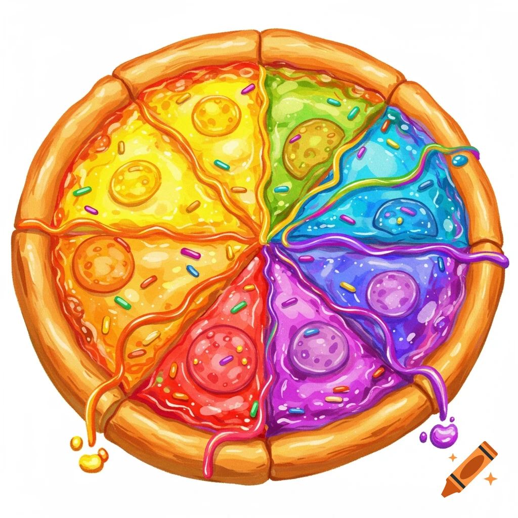 Colorful illustration of a pizza with slices in rainbow colors: red, orange, yellow, green, blue, purple.