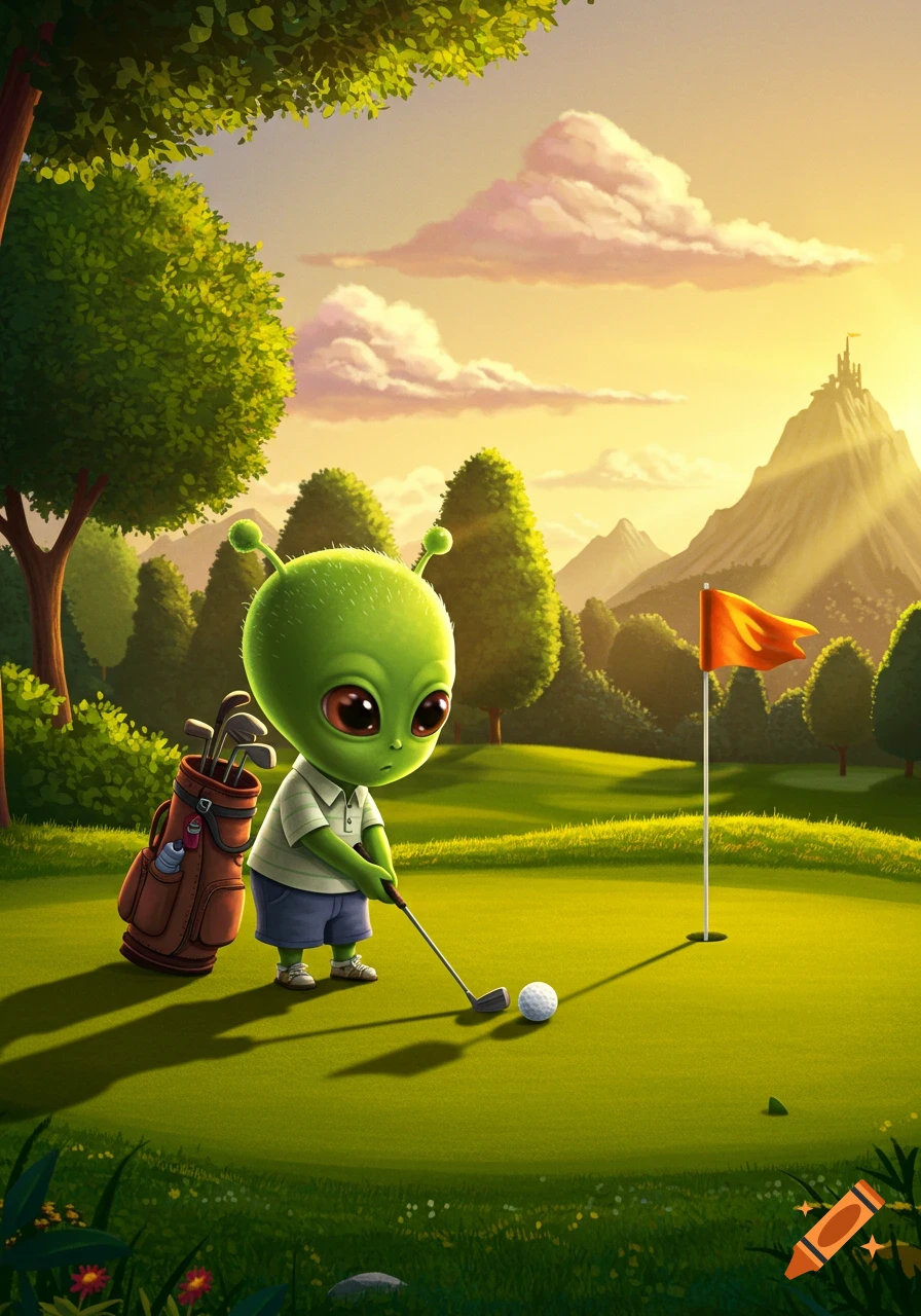 A little green alien putts a golf ball on a sunny course with a castle in the background. Illustrated.