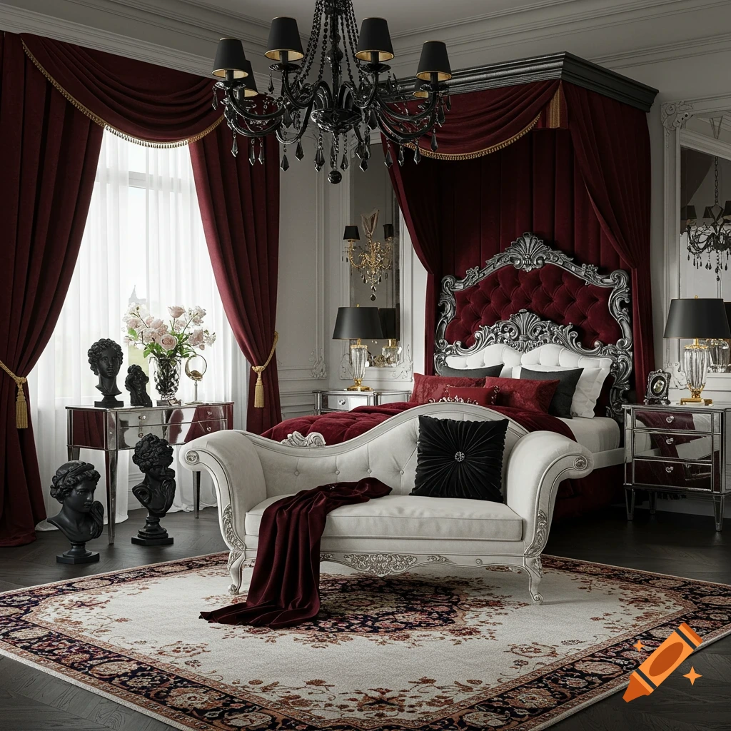 A luxurious bedroom with burgundy curtains and bedding, a white chaise lounge, and ornate furniture.