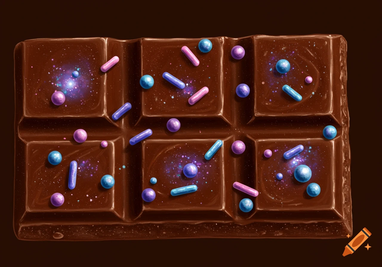 Close-up of a chocolate bar with colorful sprinkles and cosmic sparkle effects.