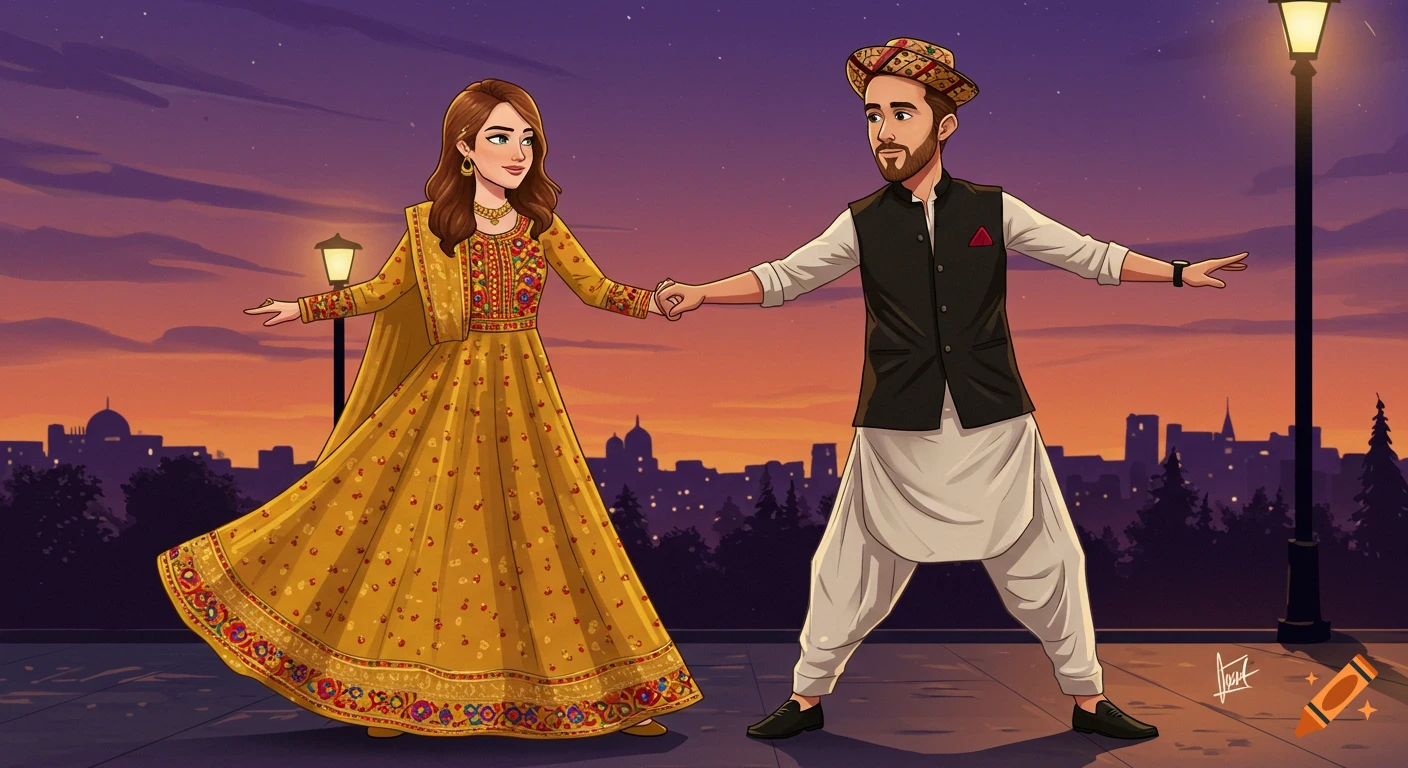 A cartoon Afghan couple in traditional dress dances outdoors at twilight.