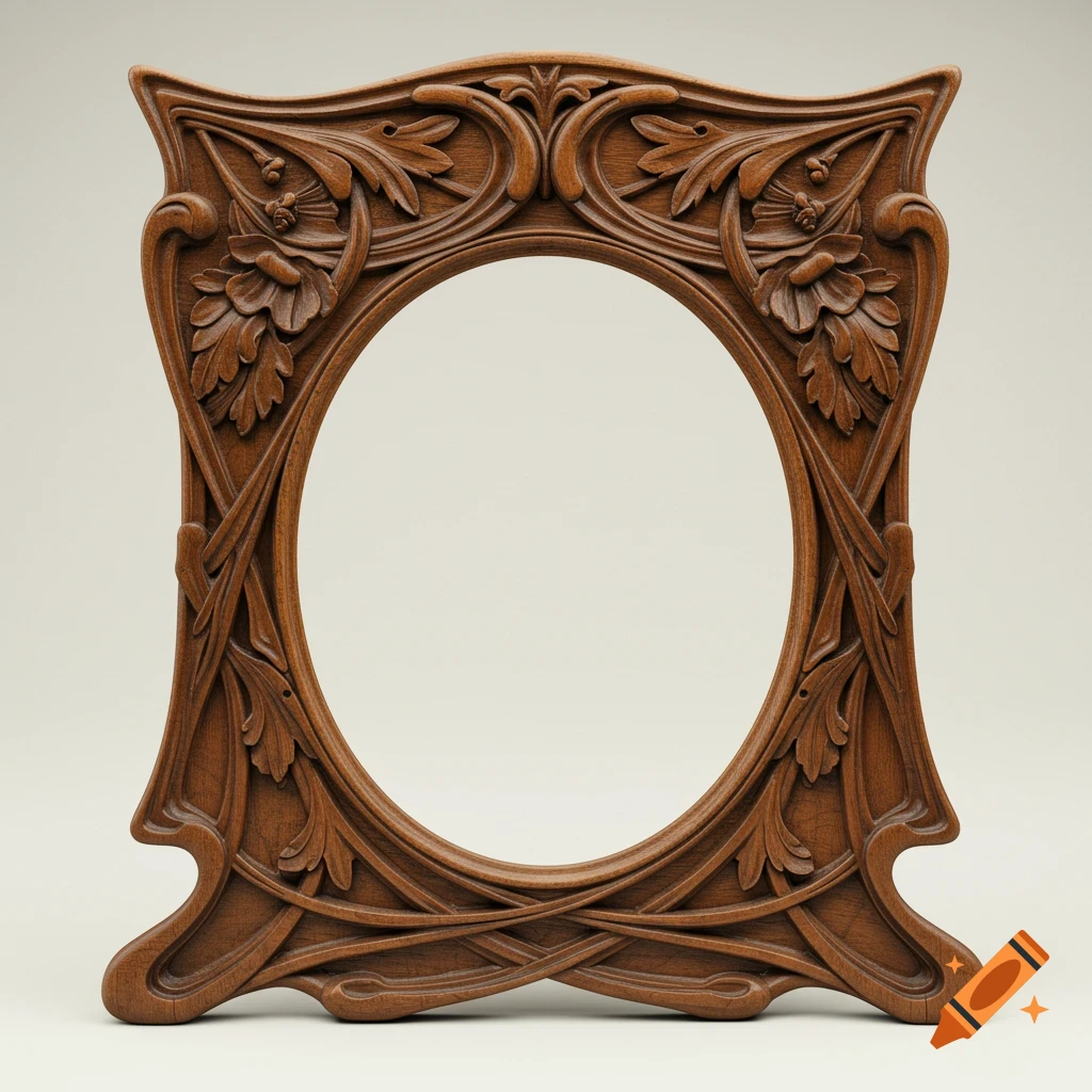 Carved wooden picture frame in the Art Nouveau style with ornate floral motifs.