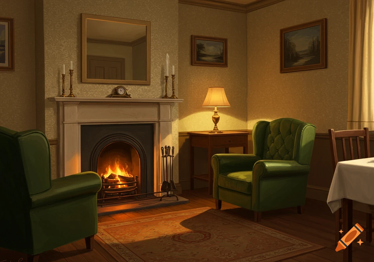 Cozy living room with a fireplace, green armchairs, lamp, and mirror.