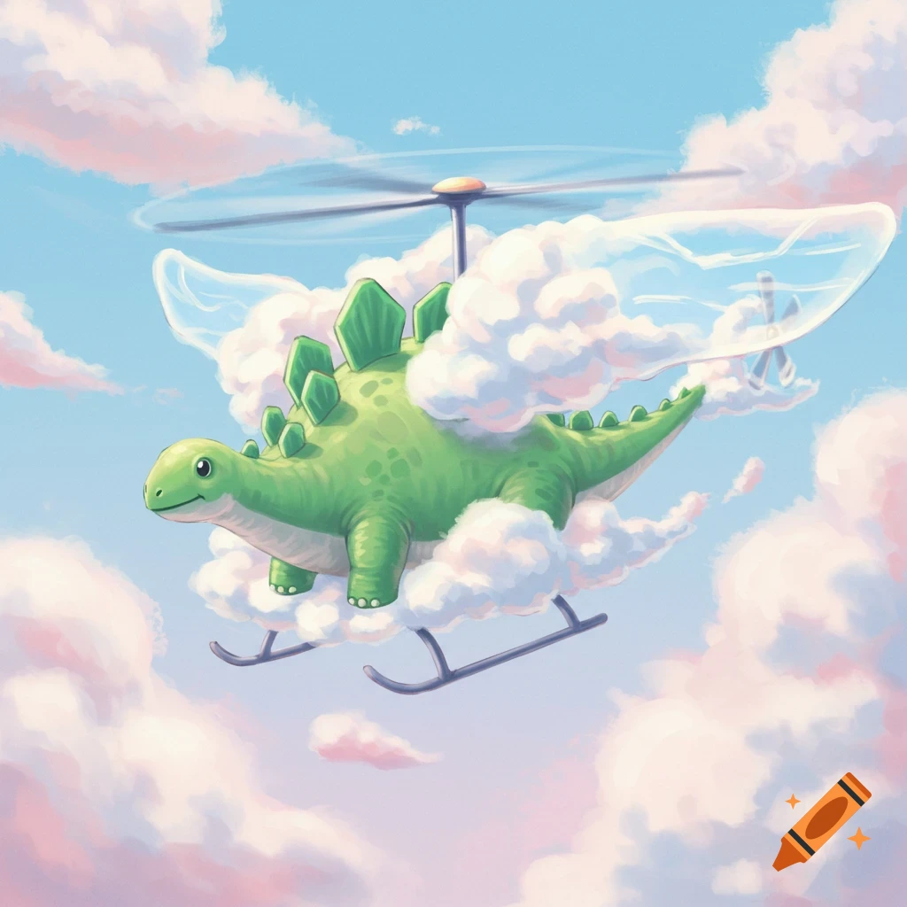 A green dinosaur flying like a helicopter among pink clouds.