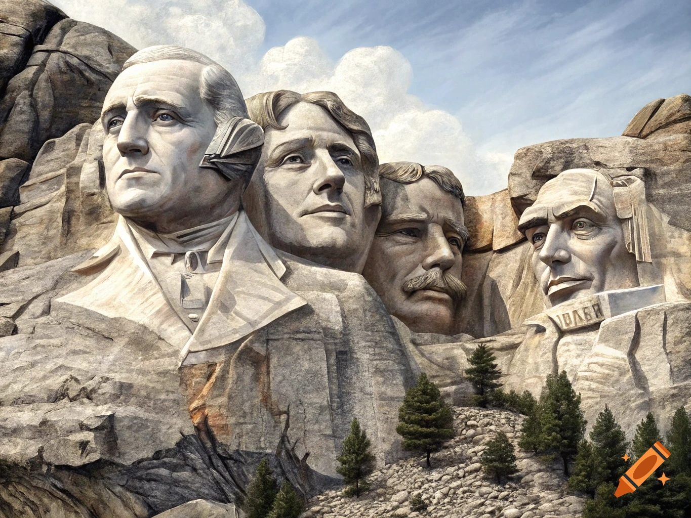 A monument of four carved faces on a mountain, similar to Mount Rushmore.