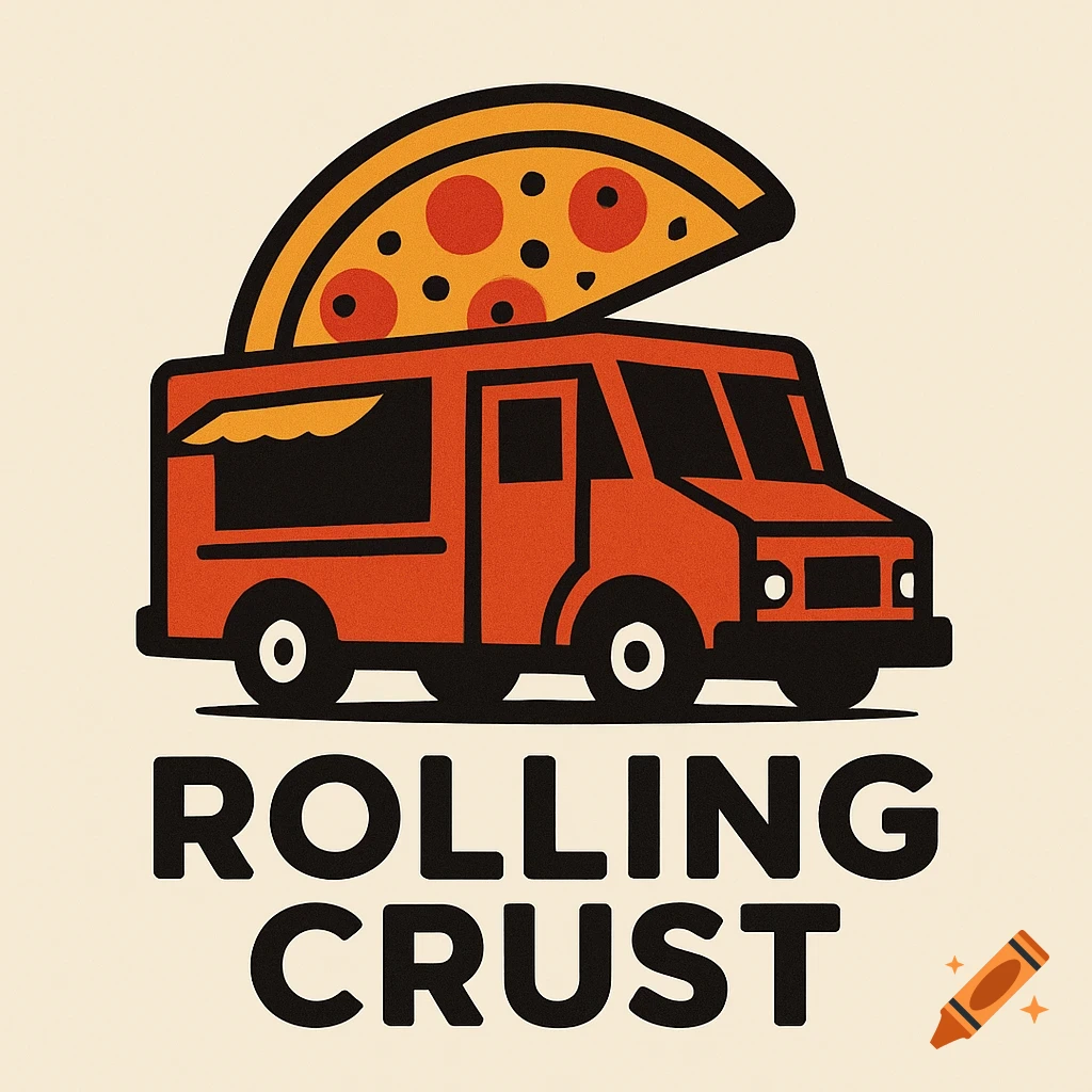 Cartoon-style logo of an orange food truck carrying a giant pizza slice on top. Text below reads "ROLLING CRUST".
