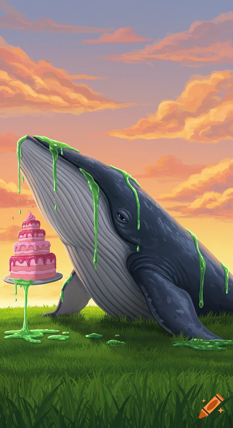 A large blue whale on land eats a pink cake covered in green slime under a sunset sky. Illustration.