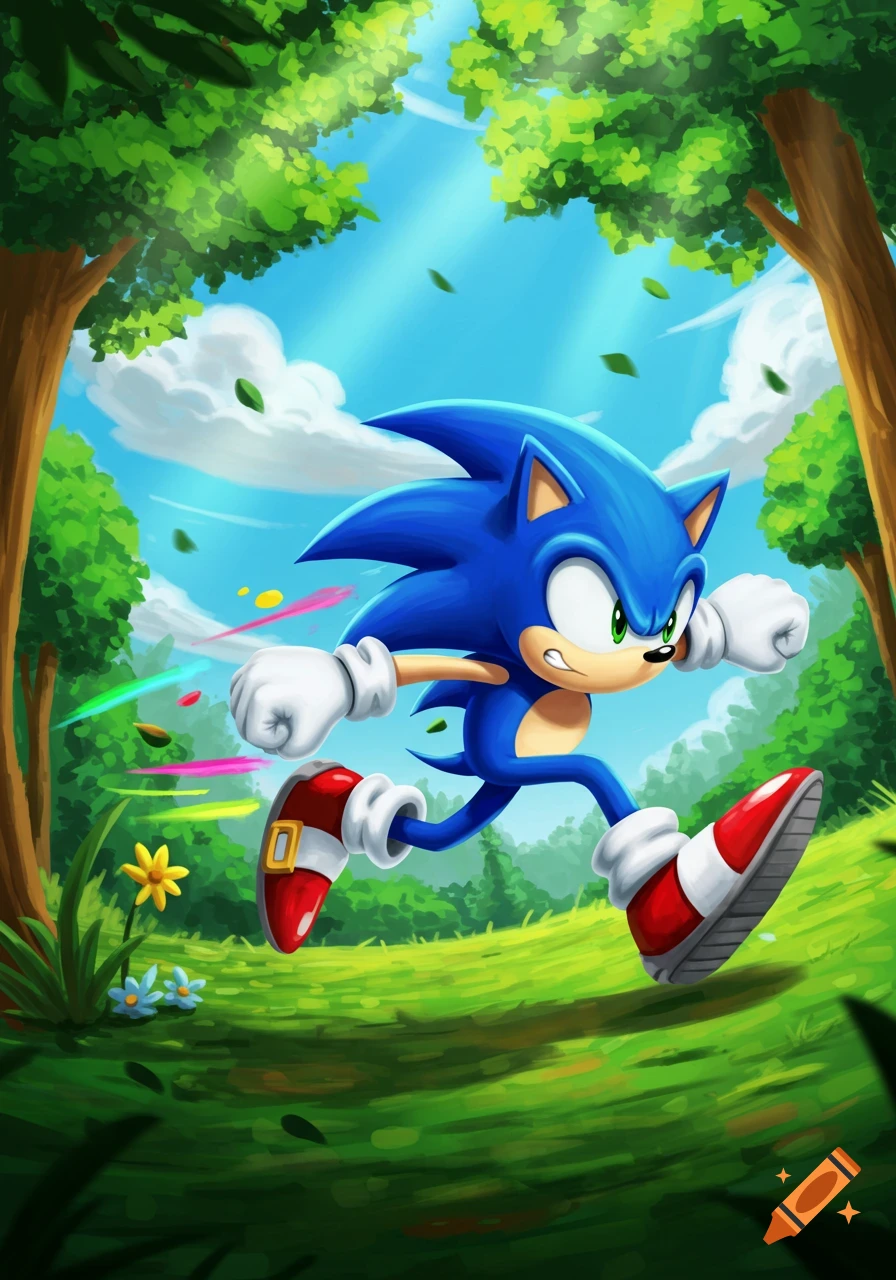 Sonic the Hedgehog runs through a sunny forest path with colorful streaks behind him in a cartoon style.