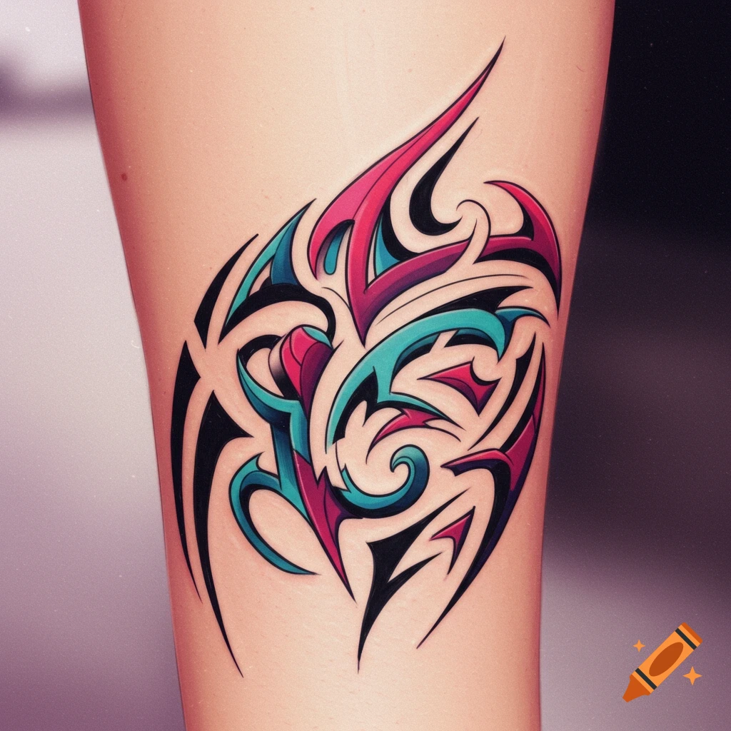 Colorful tribal tattoo on skin.