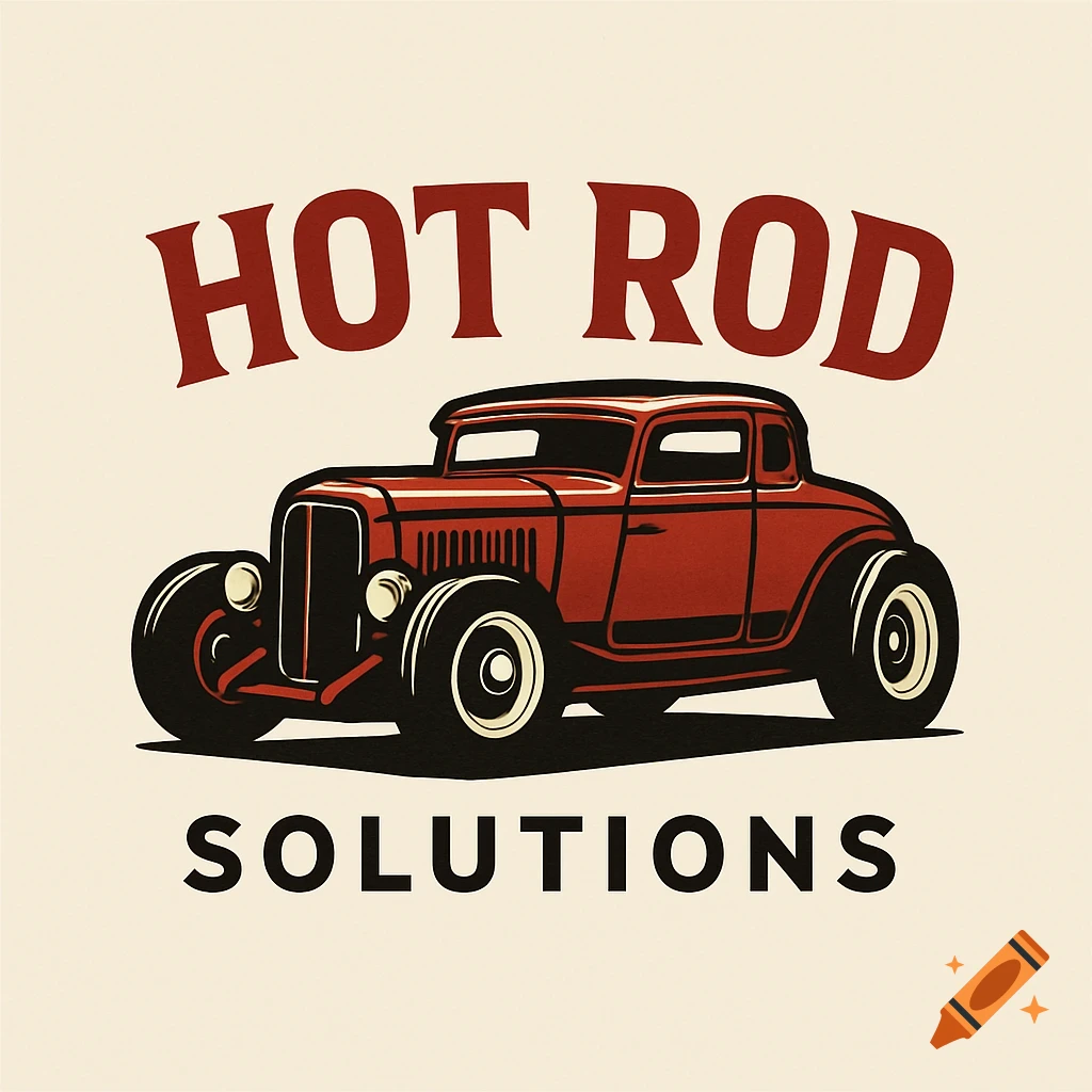 A logo featuring a vintage red hot rod car and the text 'HOT ROD SOLUTIONS'.