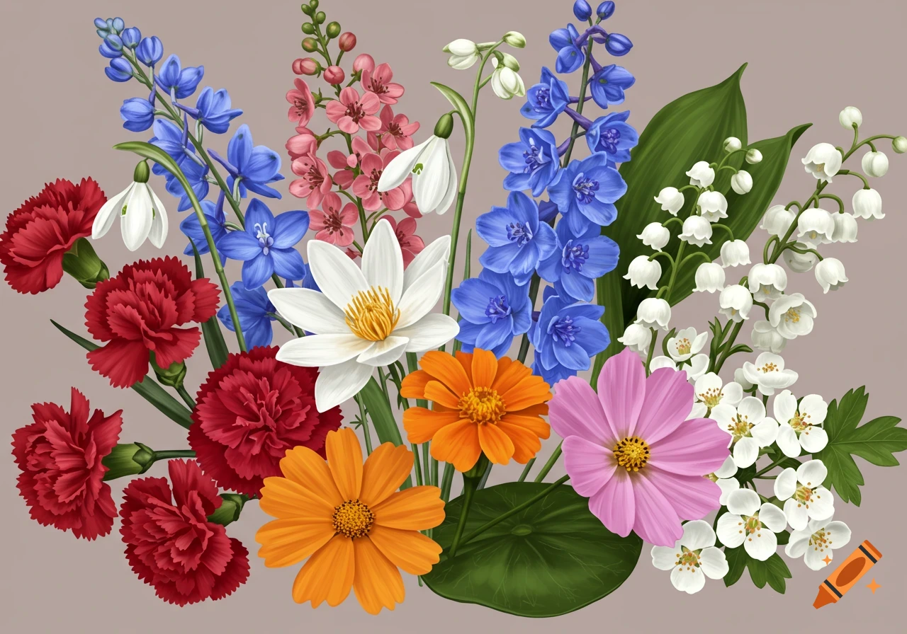 A colorful bouquet of mixed flowers including carnations, lilies, delphinium, and others, in a detailed illustration style.