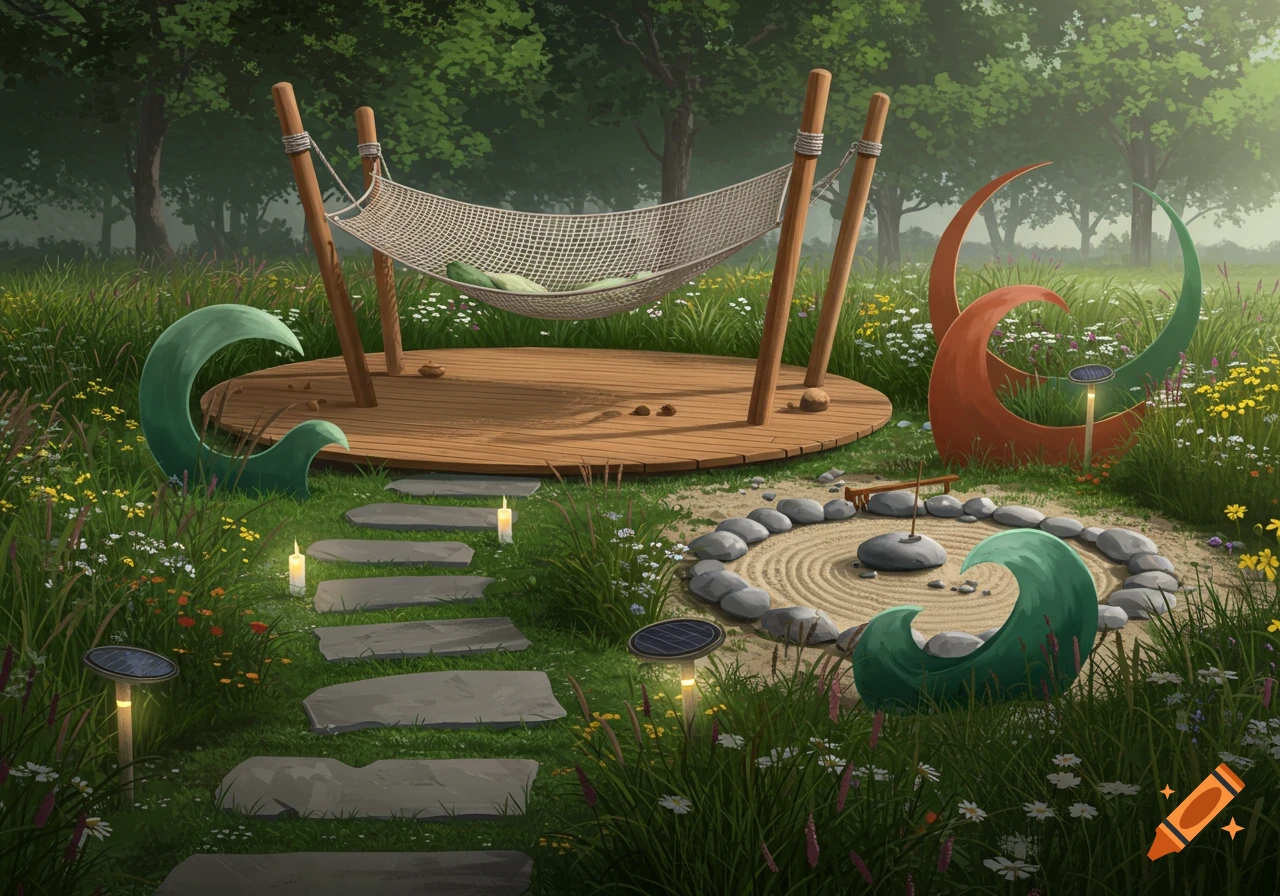 A serene garden installation with a hammock, stone path, zen garden, and abstract sculptures.