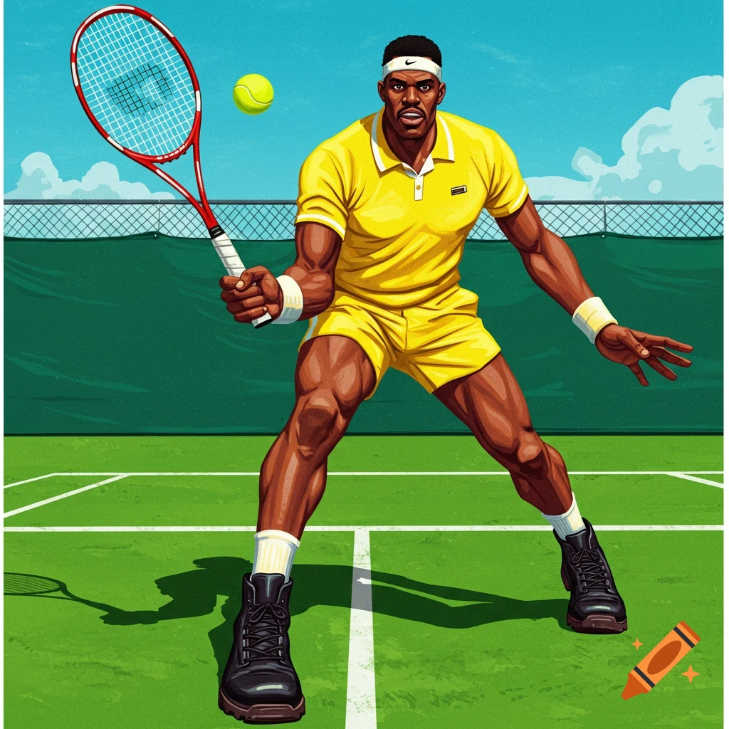 Man playing tennis in boots on a court with a racket and ball.