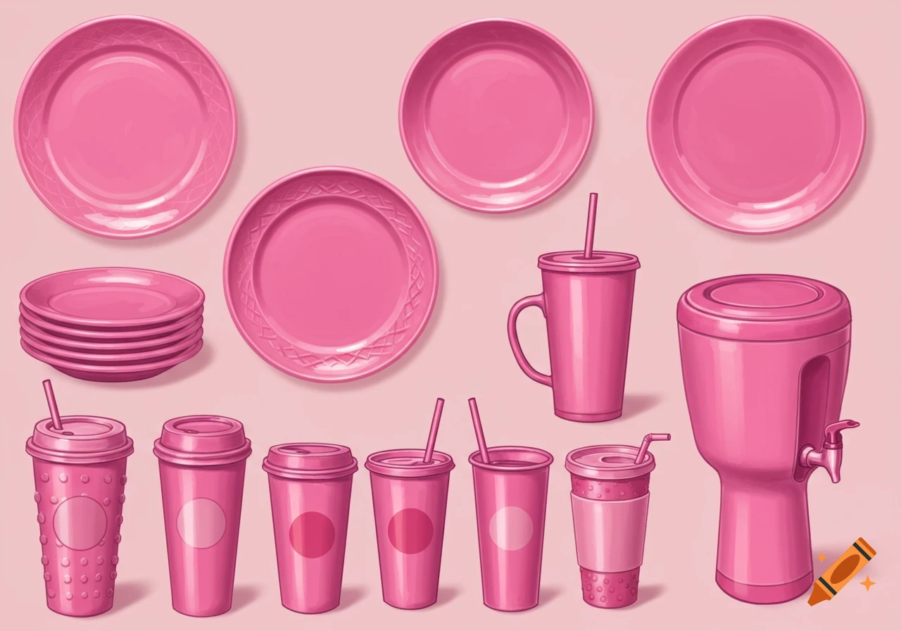 A collection of various pink plates, cups, and drink containers arranged on a pink background.