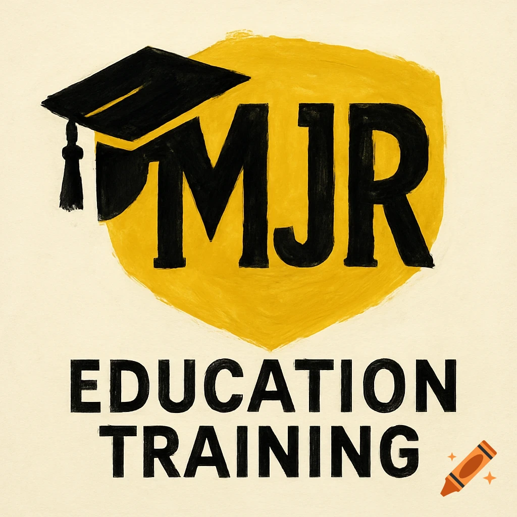 Logo with black graduation cap, yellow background splash, and black text 'MJR EDUCATION TRAINING' in a hand-drawn style.