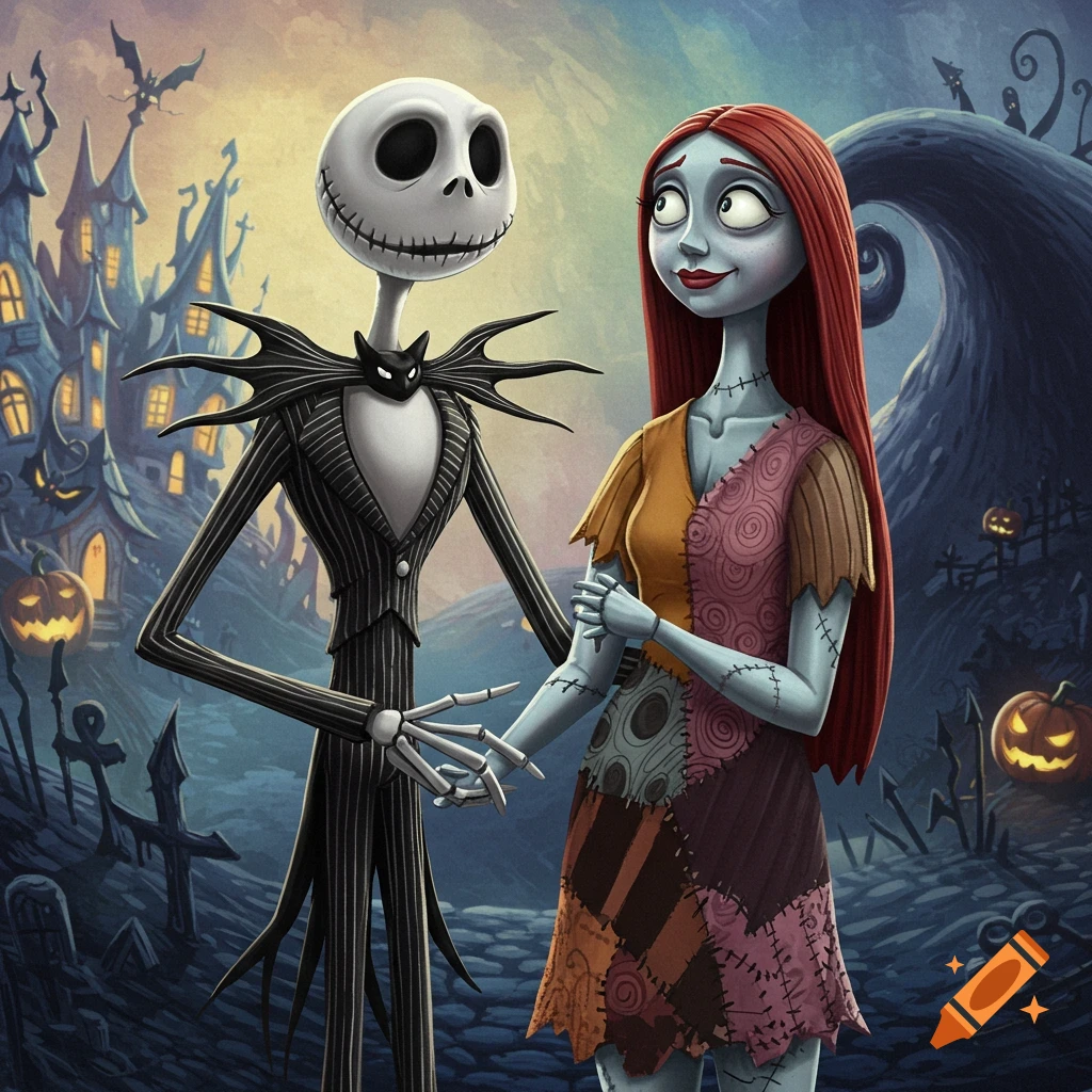 Jack Skellington and Sally stand in a Halloween Town graveyard.
