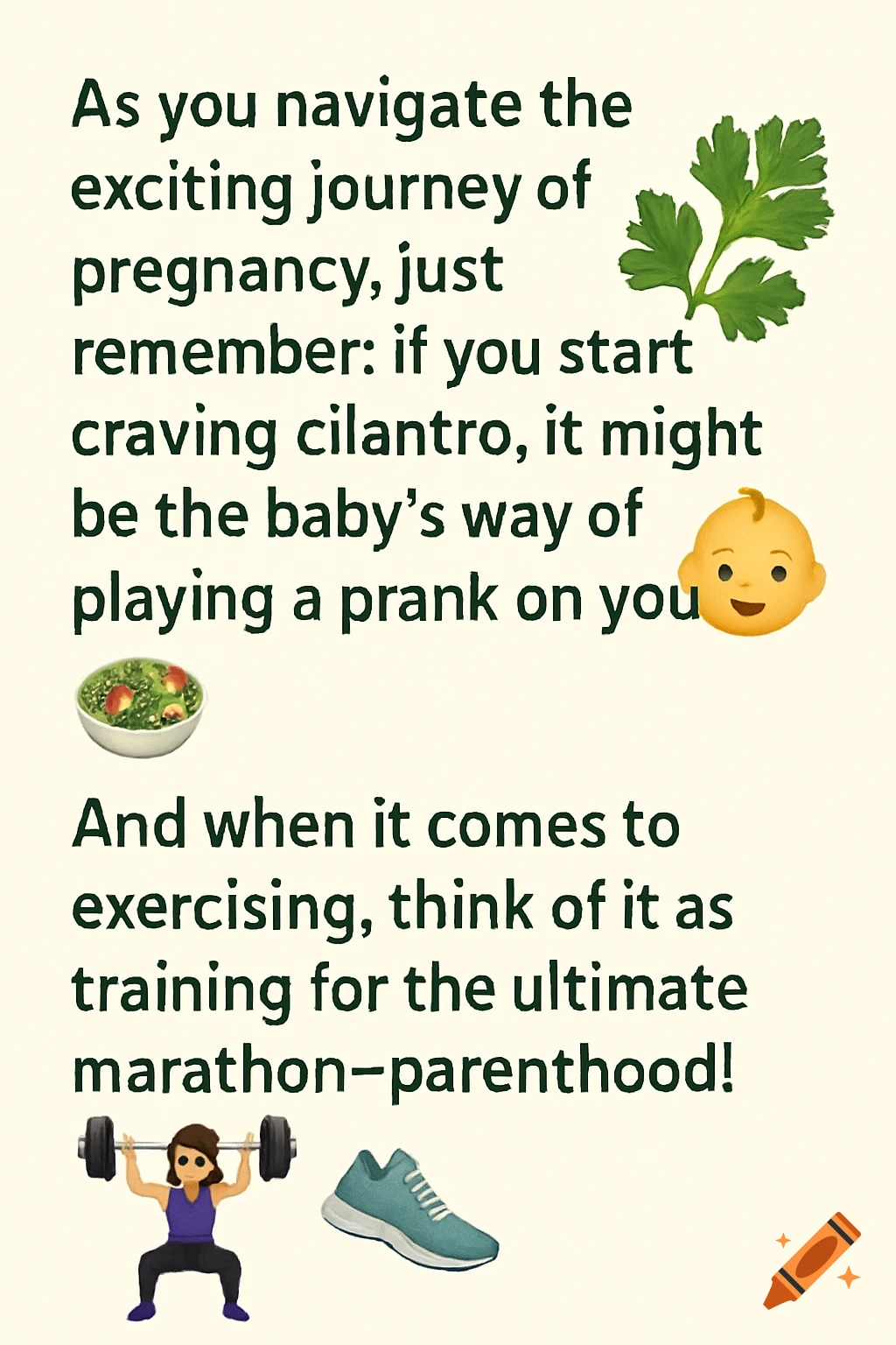 Graphic with text about pregnancy, cilantro cravings, and exercising for parenthood, with emojis.