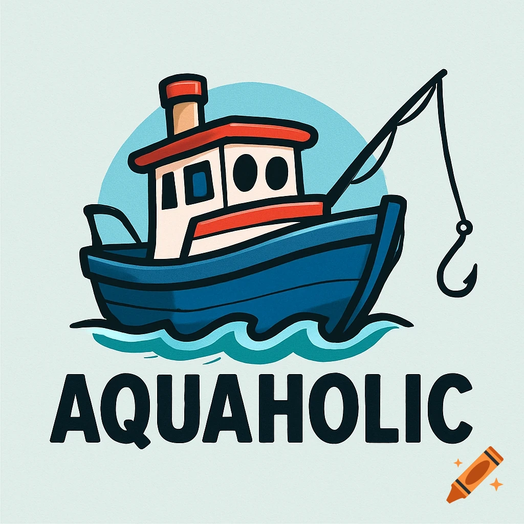 Cartoon logo of a fishing boat with a hook and line, text reads AQUAHOLIC below it.