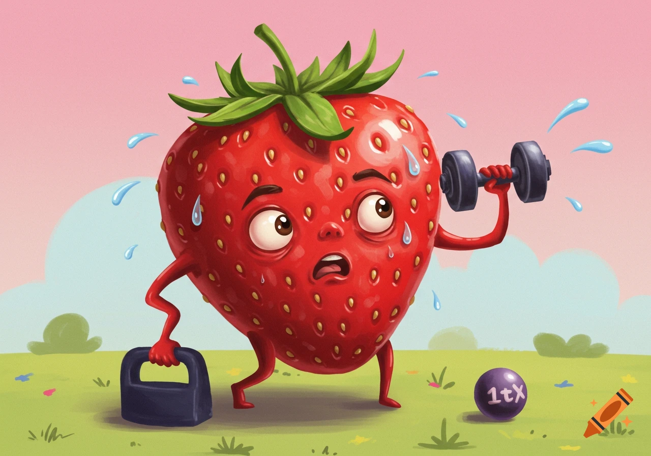 A cartoon strawberry lifts a dumbbell and sweats while exercising.