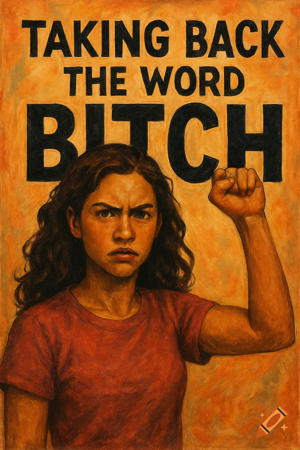 Illustration of a determined woman raising her fist against an orange background with the text 'TAKING BACK THE WORD BITCH'.