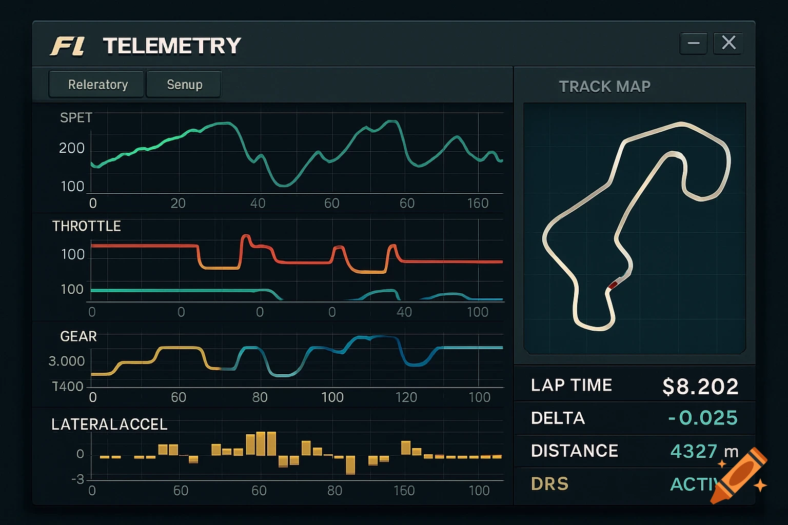 A screen displaying Formula 1 telemetry data including performance graphs, a track map, and lap statistics.