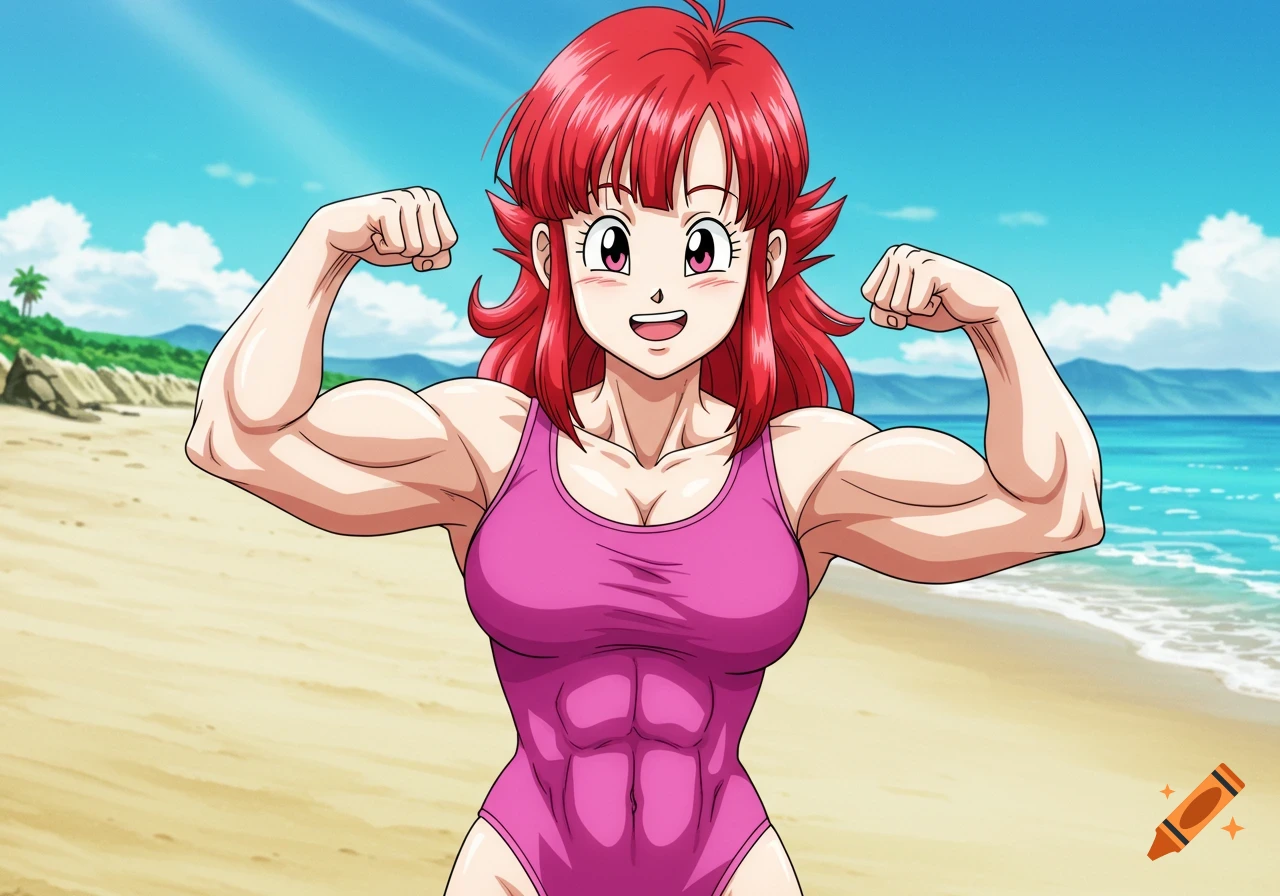 Anime woman flexing muscles on a beach