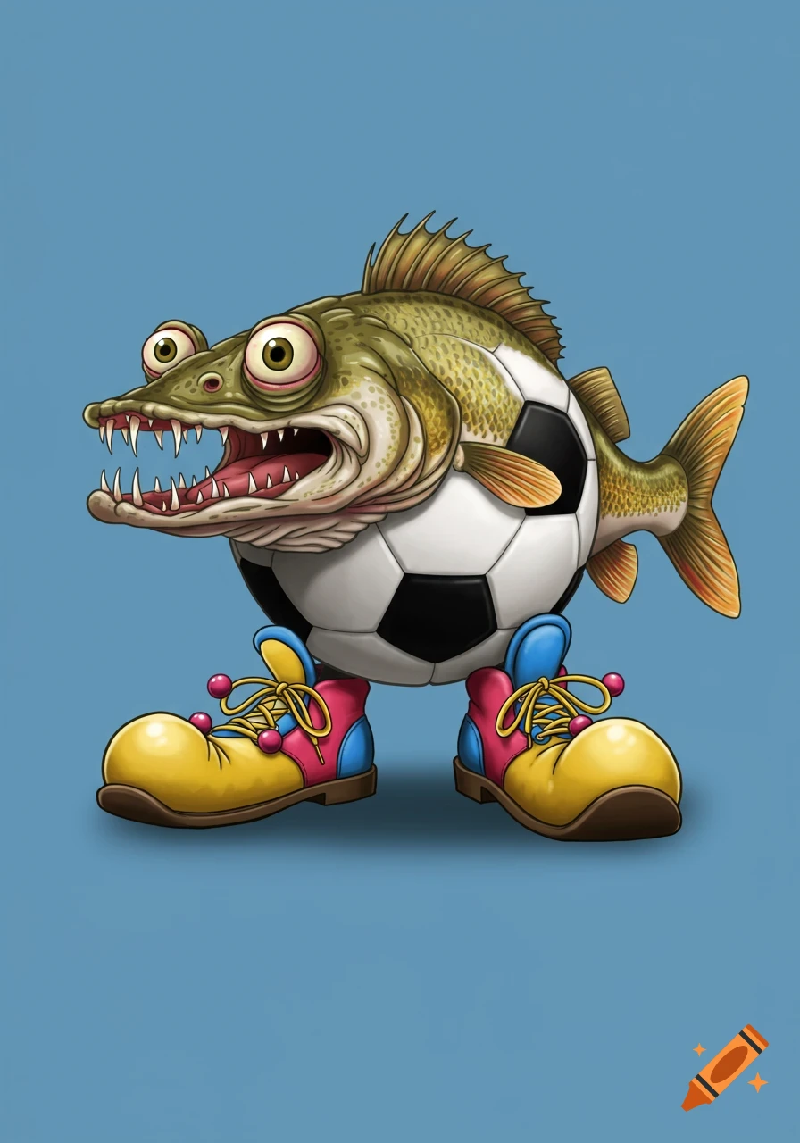 Cartoon illustration of a fish head on a soccer ball body wearing clown shoes.
