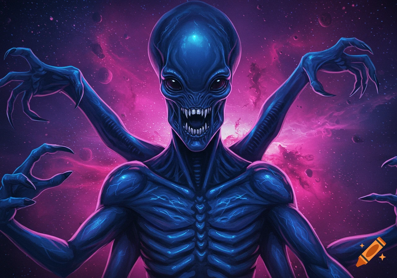 Blue multi-limbed alien with sharp teeth against a purple and pink galaxy background.