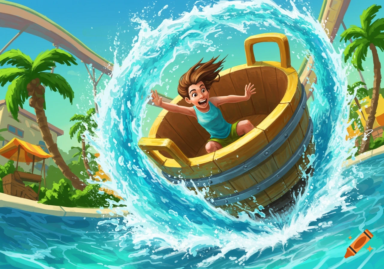 Excited child rides a wooden bucket through splashing water at a tropical water park, illustration style.