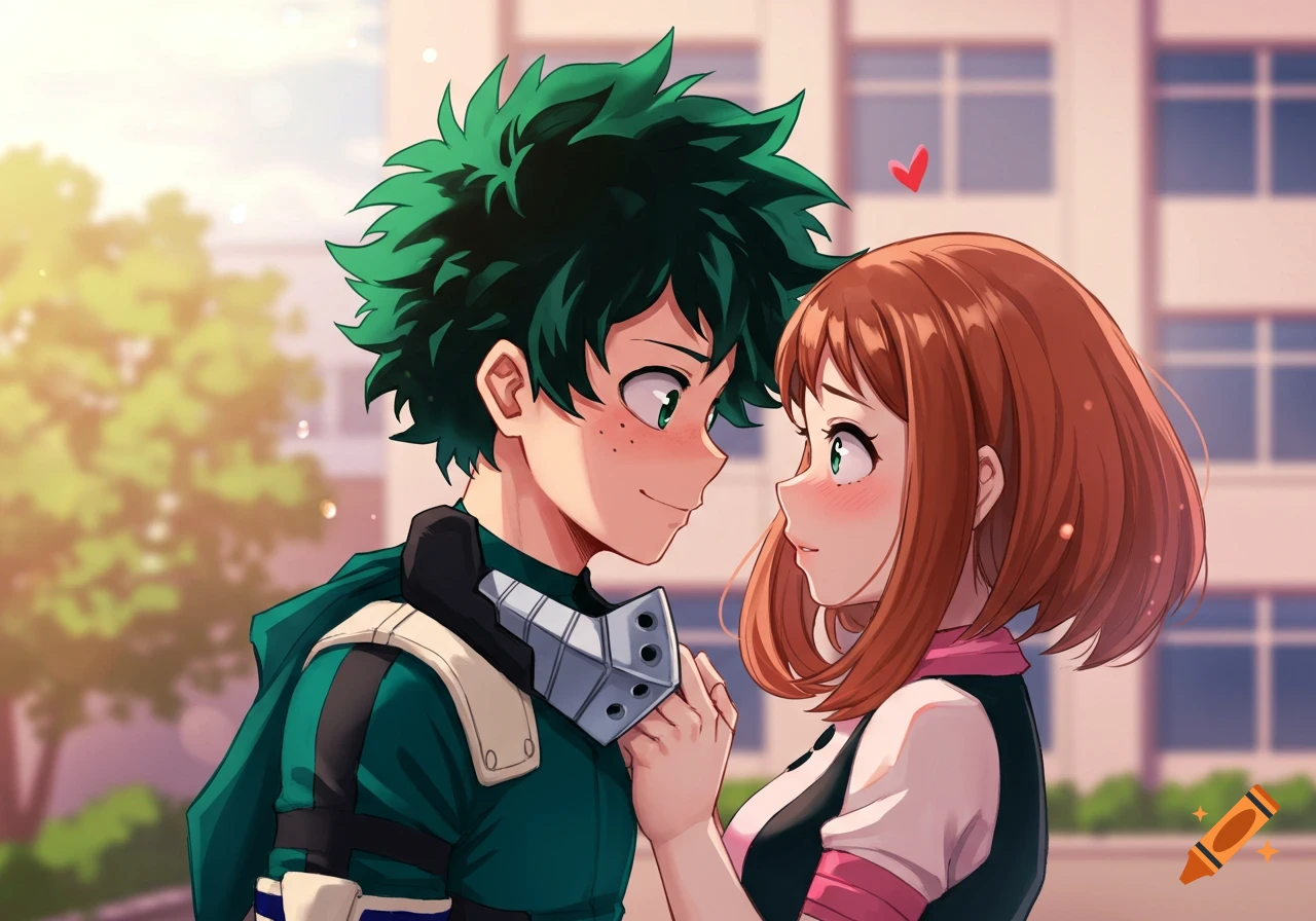Anime style depiction of two characters, a boy with green hair and a girl with brown hair, looking at each other and holding hands. A small heart is between them.