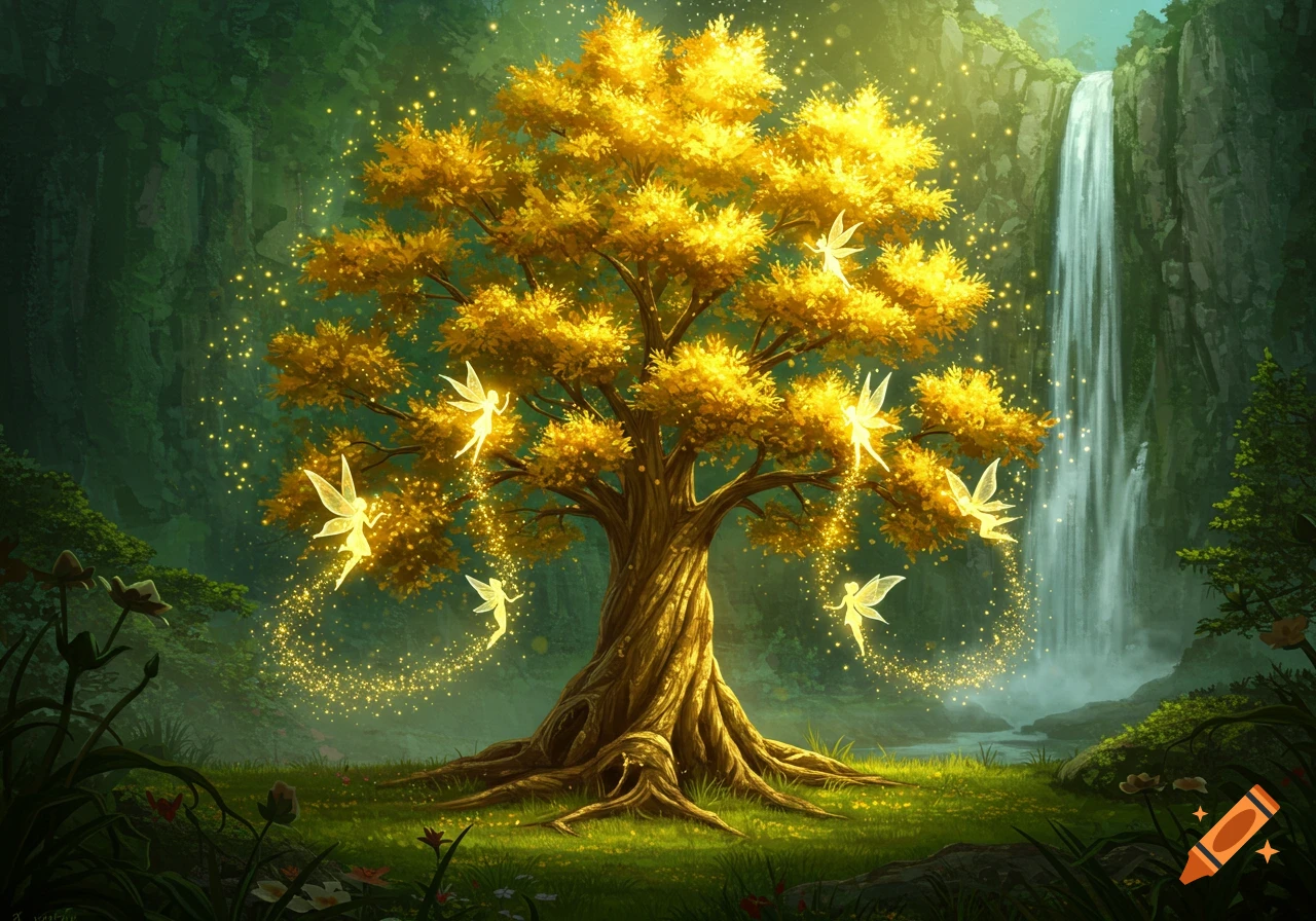 Magical golden tree in a green forest with fairies flying and sprinkling dust near a waterfall.