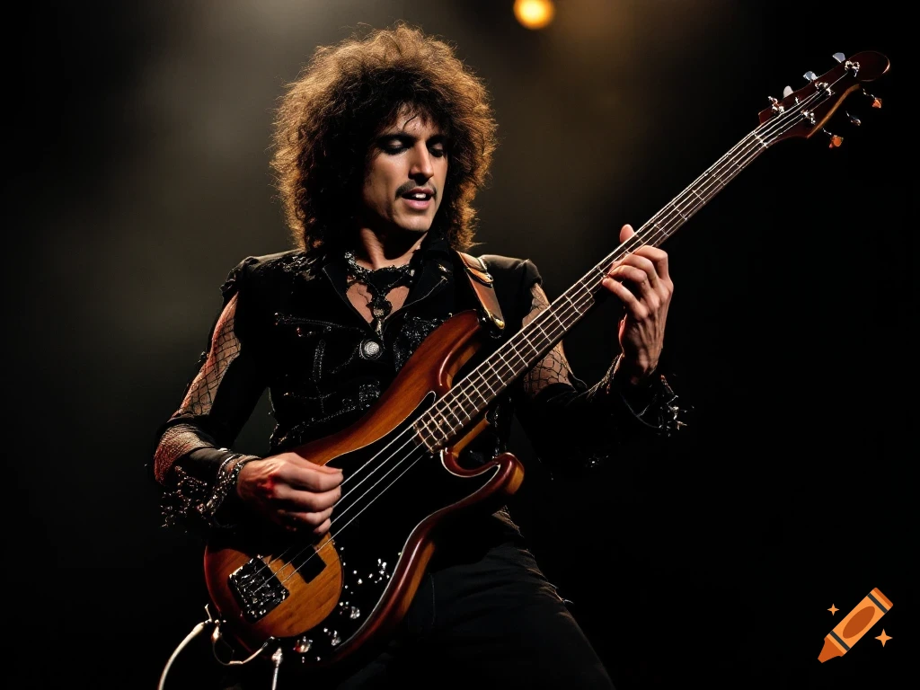 A musician with curly hair playing a bass guitar on a dark stage.