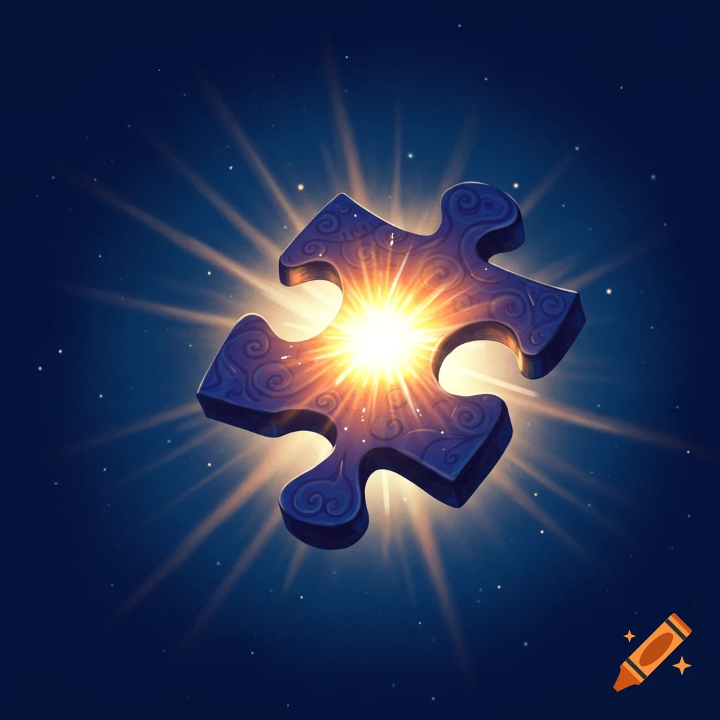 A purple puzzle piece with swirling patterns glows brightly in the center, emitting rays of light against a dark blue starry background.