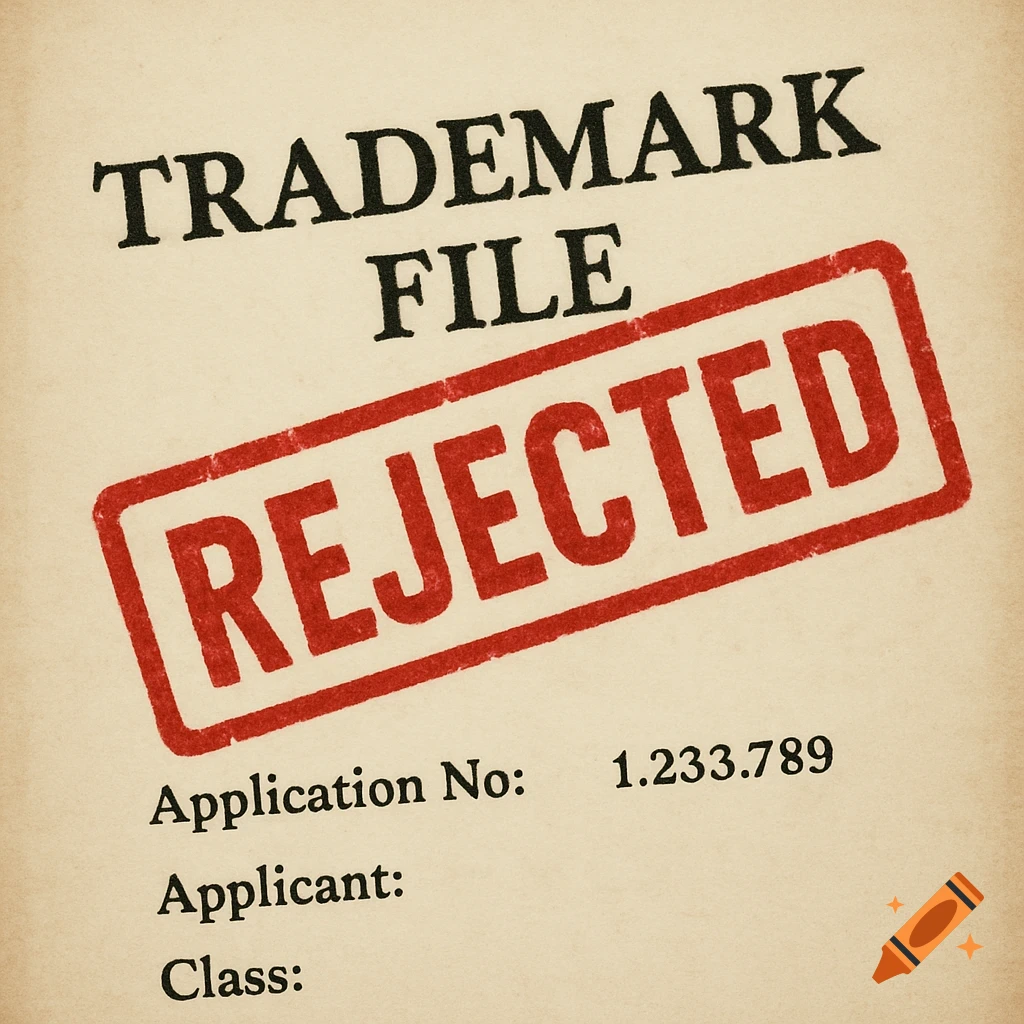 A close-up of a document page labeled 'TRADEMARK FILE' with a large red 'REJECTED' stamp across it.