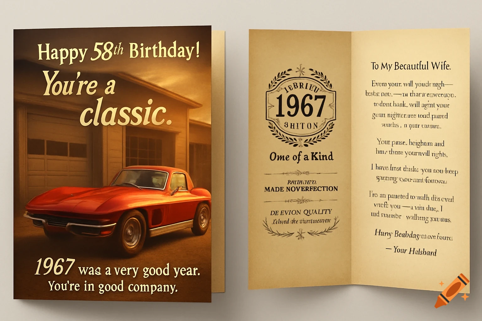 A birthday card with a red 1967 Corvette Sting Ray parked in front of a garage. The front reads "Happy 58th Birthday! You're a classic. 1967 was a very good year. You're in good company.". The inside has decorative elements and illegible text.