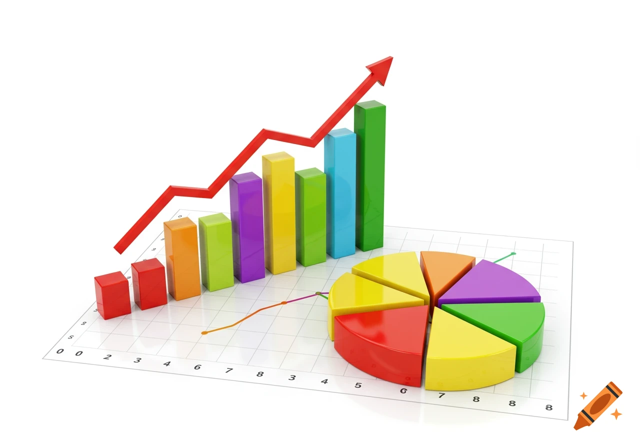 A colorful 3D bar graph with an upward red trend line next to a multi-colored pie chart on a grid background.