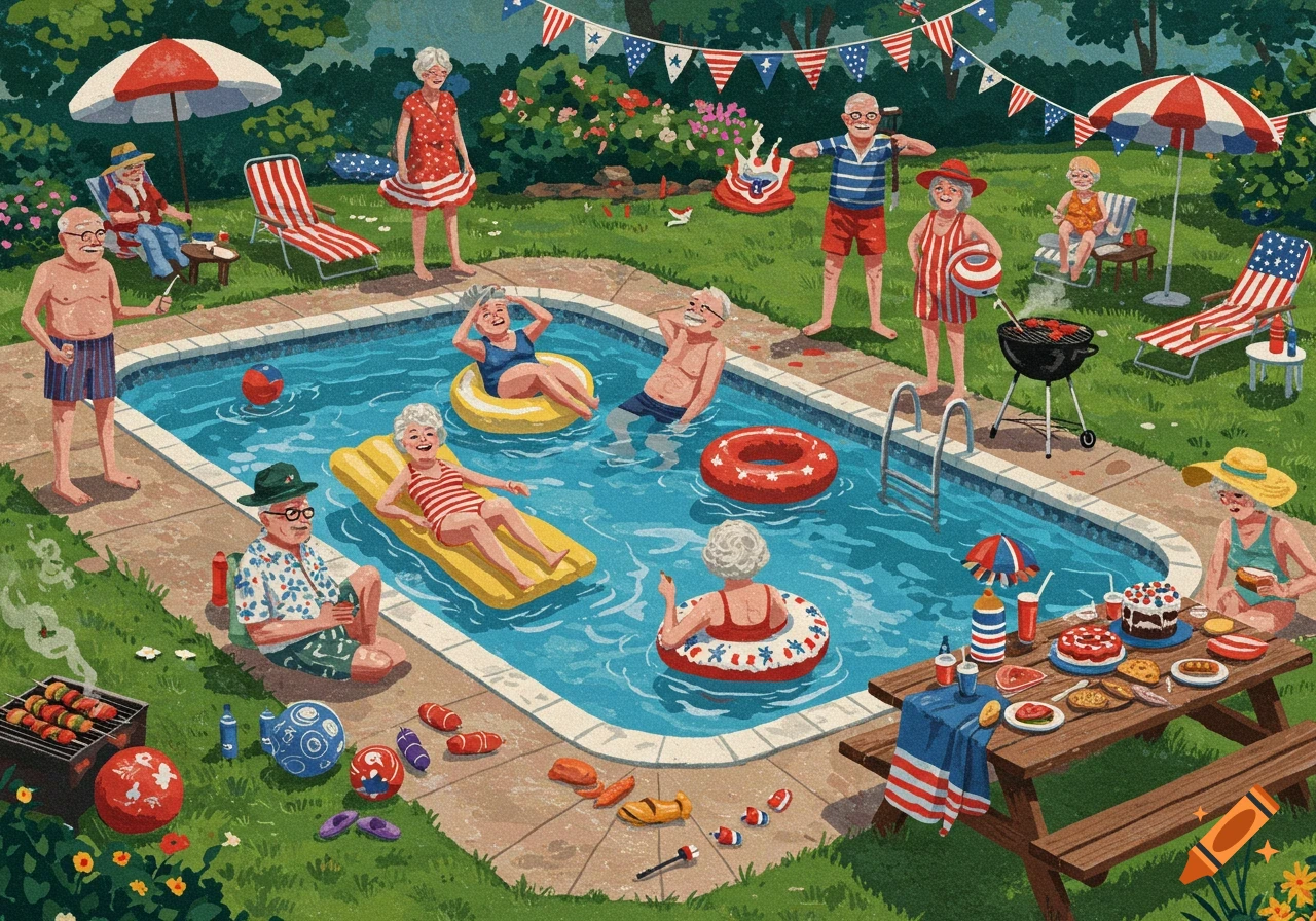 Illustration of older people at a patriotic pool party with food and decorations.