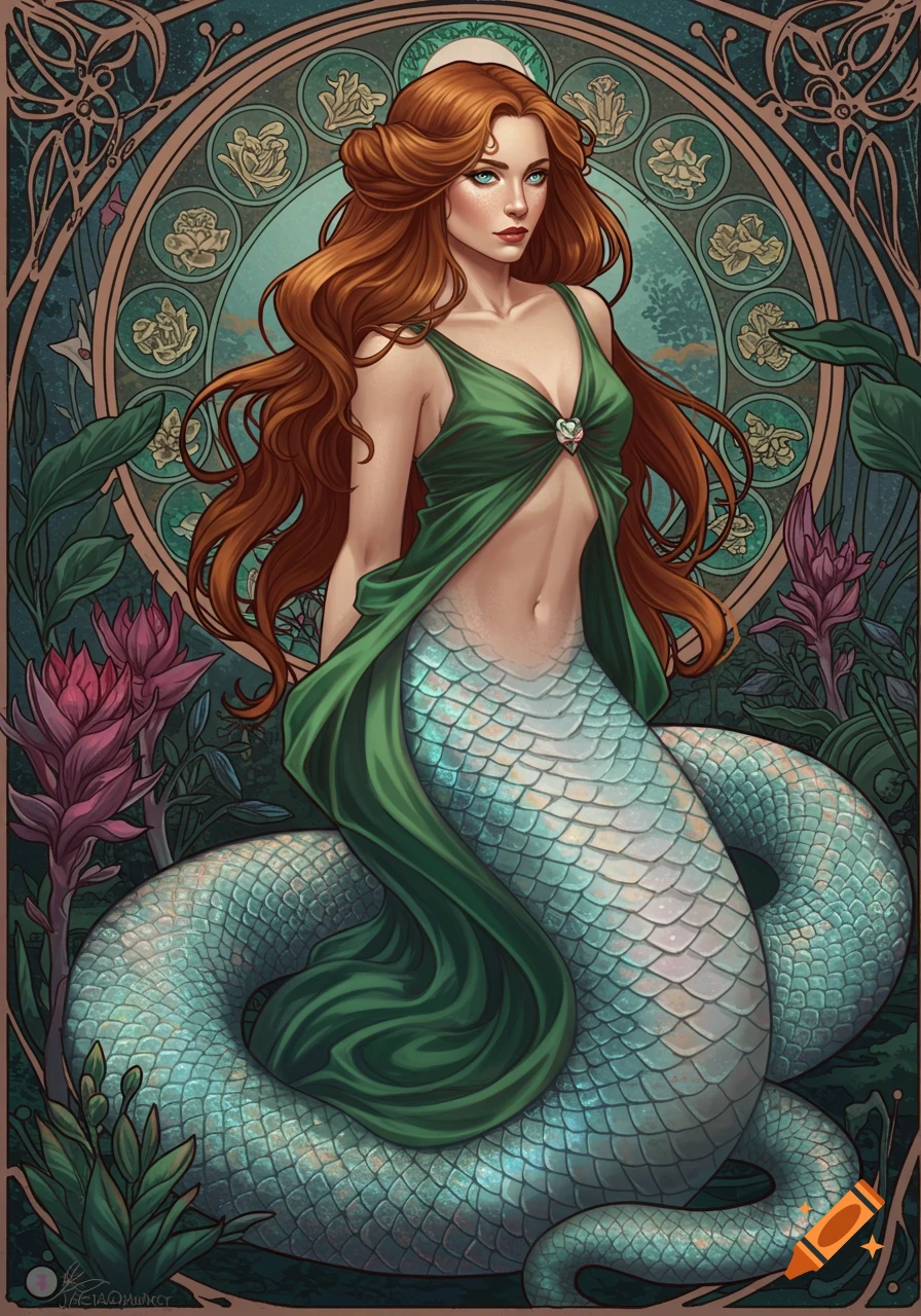 Illustration of a red-haired woman with a snake body, wearing a green dress, in a jungle setting with an ornate art nouveau background.