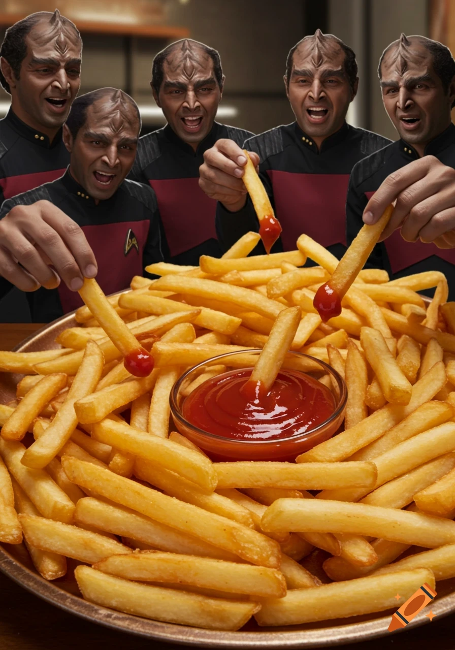 Klingons enthusiastically eating a large plate of french fries, dipping them in ketchup.