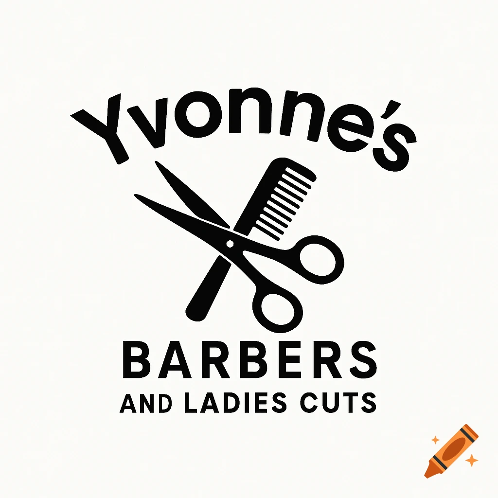 Black logo on white with crossed scissors and comb above text "Yvonne's BARBERS AND LADIES CUTS".