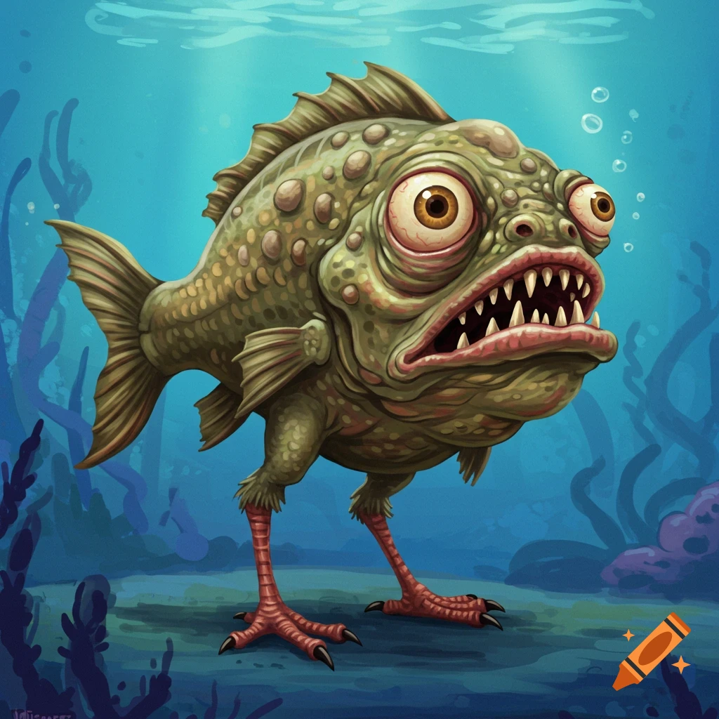Illustration of an ugly, grotesque fish with bird feet standing on the seabed.