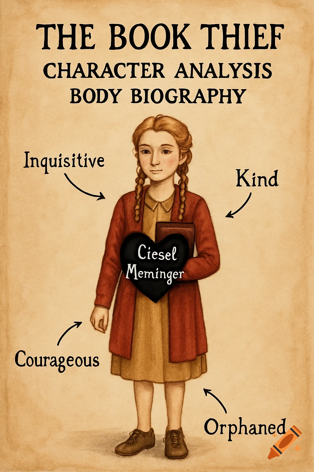 Illustration of Liesel Meminger from The Book Thief with character traits written around her. Text reads 'The Book Thief, Character Analysis, Body Biography'.