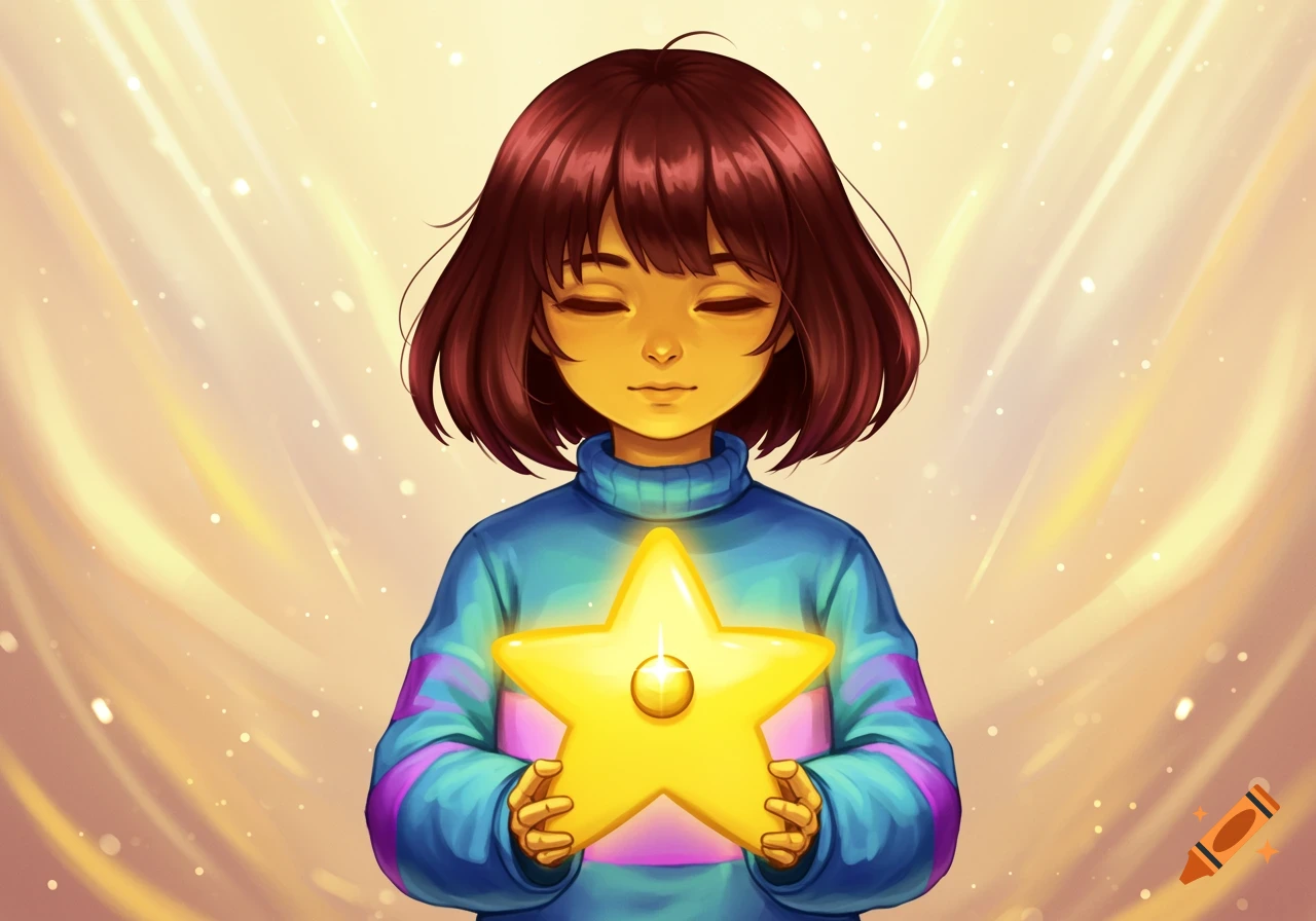 Illustration of Frisk from Undertale holding a glowing golden star against a bright, ethereal background.