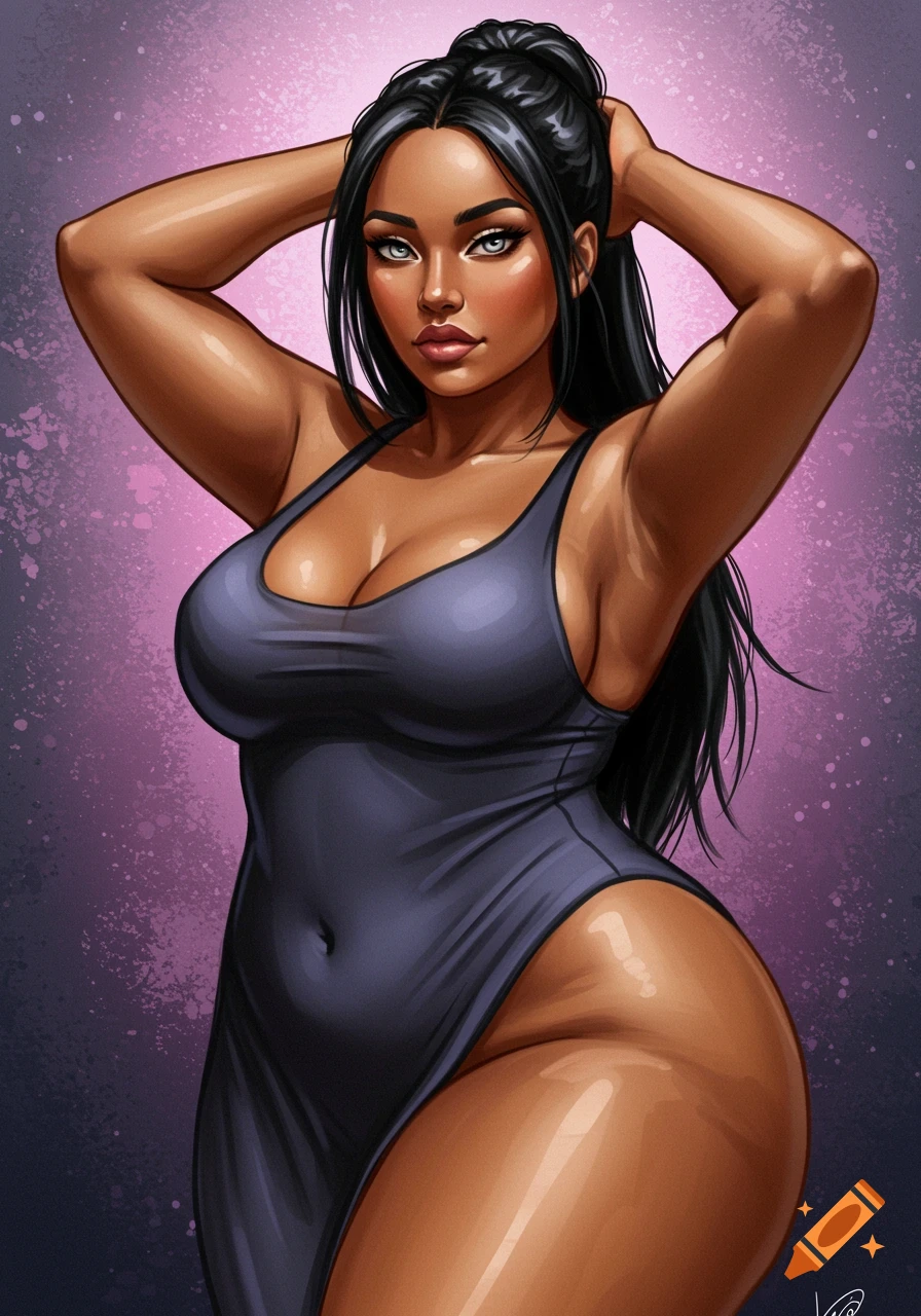 Stylized illustration of a dark-skinned woman with black hair in a grey dress, hands behind head.