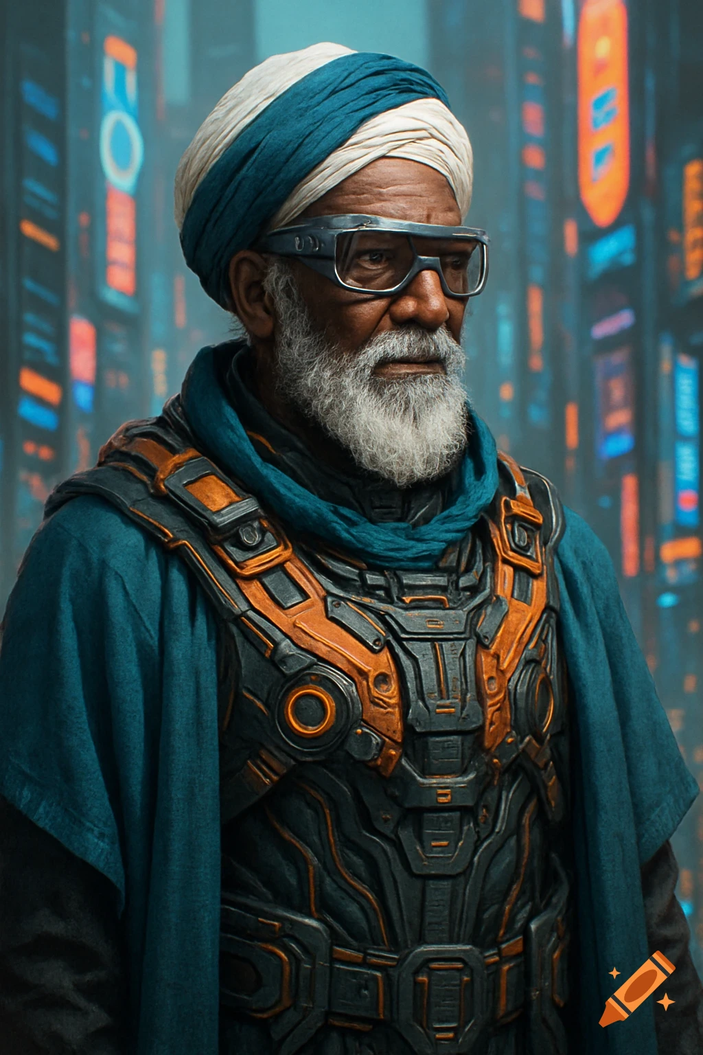 Older man in futuristic armor and turban, cyberpunk style portrait
