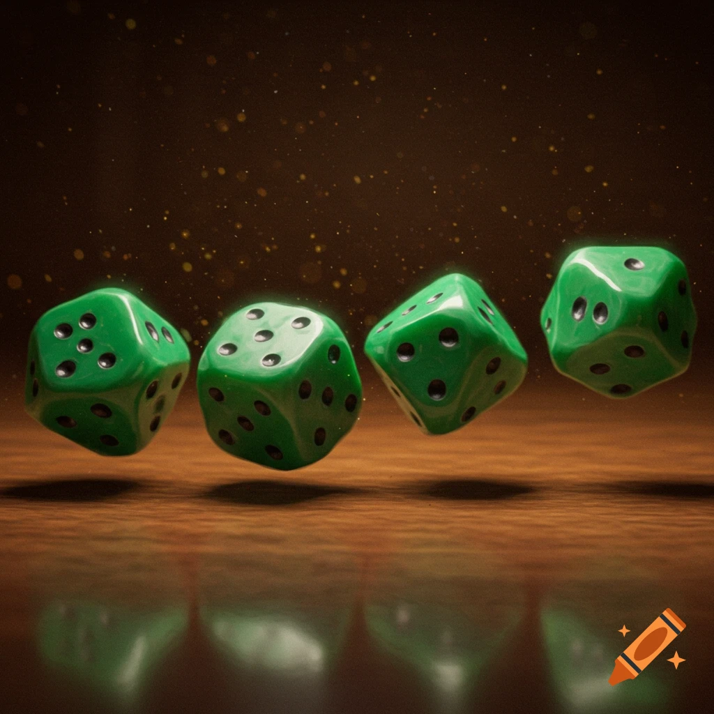 Several green dice in mid-air over a reflective wooden surface
