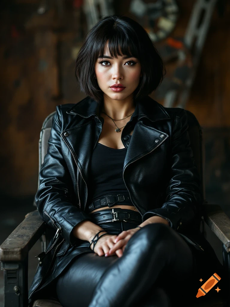 A woman with short dark hair sits wearing a black leather jacket and leggings.