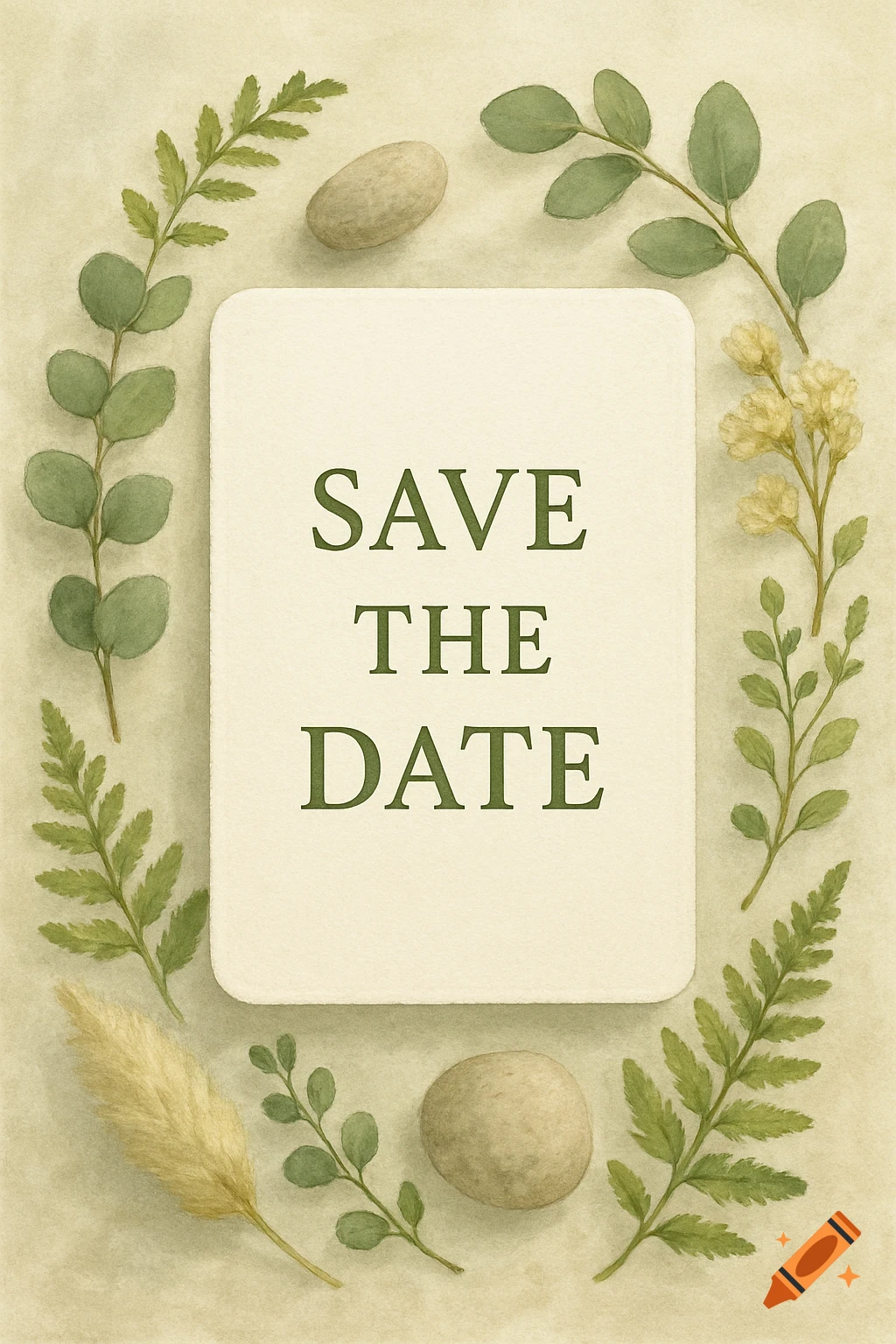 Watercolor save the date card framed by eucalyptus, ferns, and dried grass with stones.