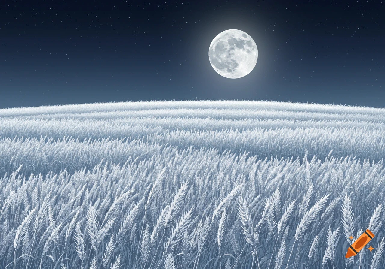 A field of white wheat under a full moon and starry sky.